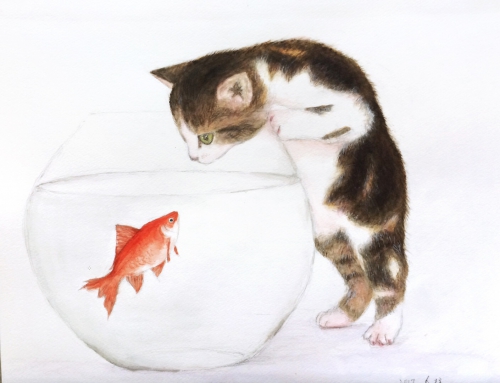 水彩画『猫と金魚』