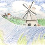 ジュニアクラス会員作品　色鉛筆画『風車のある風景』